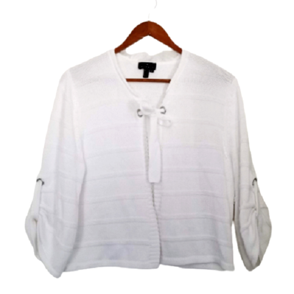 Marble, White Cardigan open metal ring front with lace - Size L